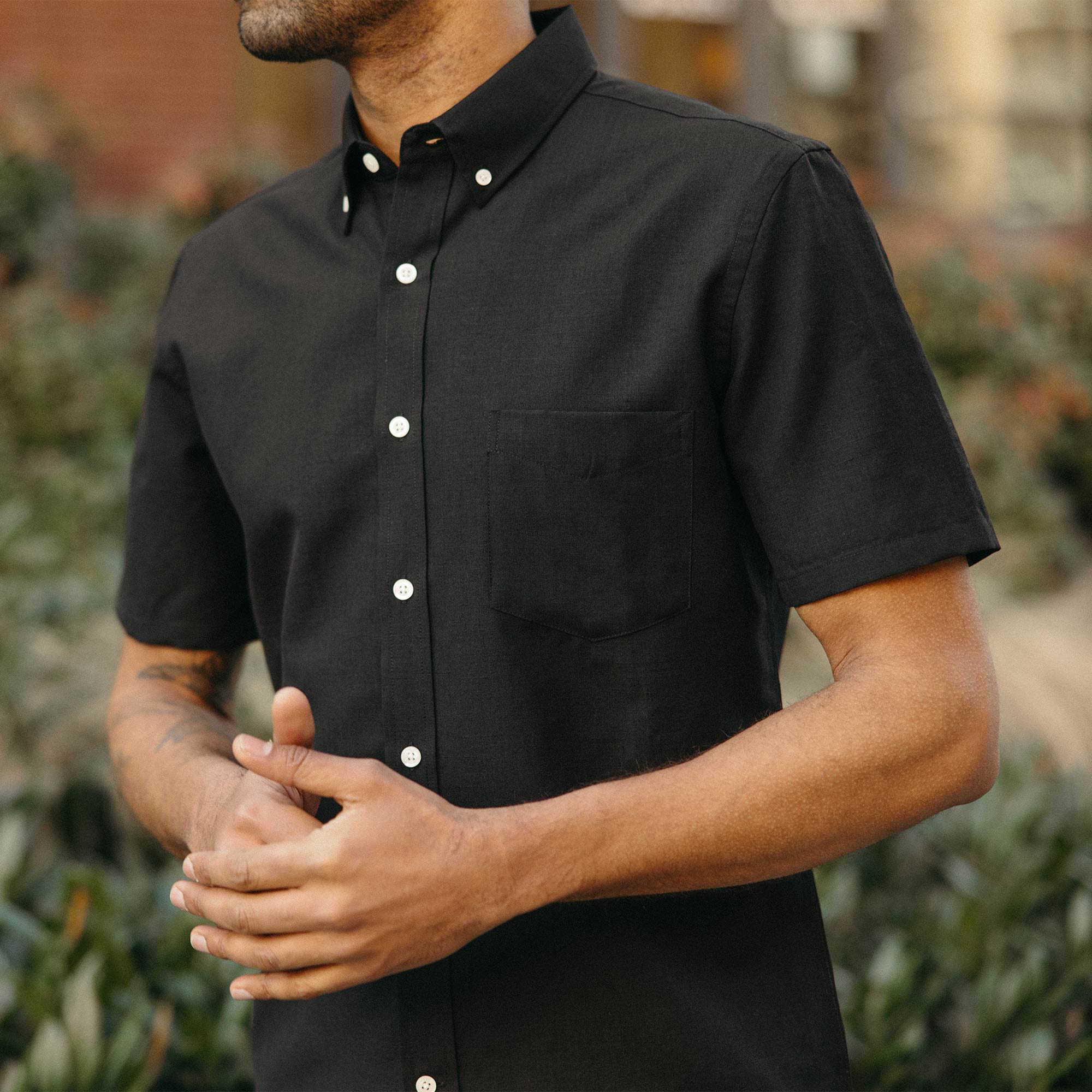 Wool Linen Short Sleeve Button-Down Shirt